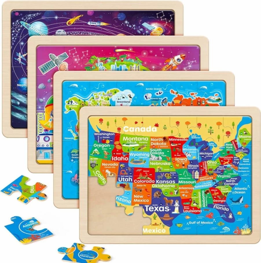 SYNARRY FSC Certified Wooden World Map Puzzle for Kids Ages 3-6 - Solar System & Earth Learning Toys for Toddlers, Educational Gift for 3 4 5 Year Old Boys & Girls (12.2x9.4 Inches)