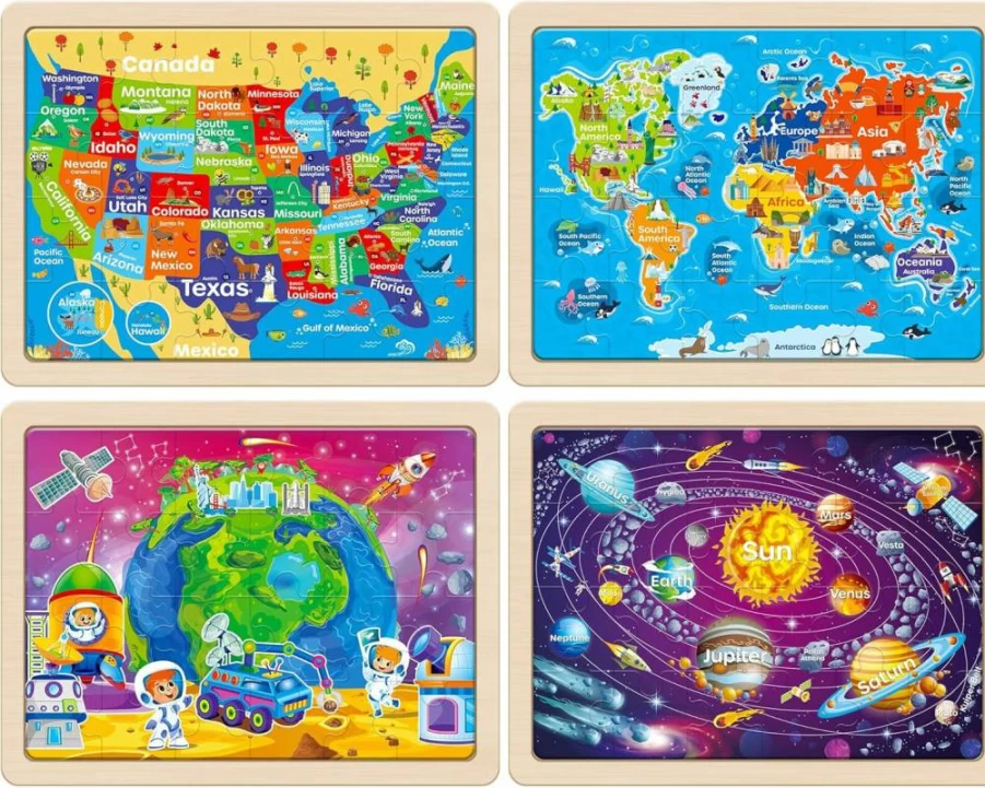 SYNARRY FSC Certified Wooden World Map Puzzle for Kids Ages 3-6 - Solar System & Earth Learning Toys for Toddlers, Educational Gift for 3 4 5 Year Old Boys & Girls (12.2x9.4 Inches)