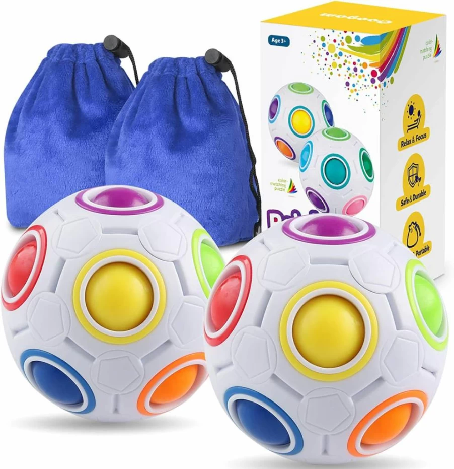 Coogam Rainbow Puzzle Ball Set of 2 - Color Matching Magic Brain Teaser Toy for Kids Adults, Stress Relief Fidget Game for Boys Girls, Travel Pouch Included