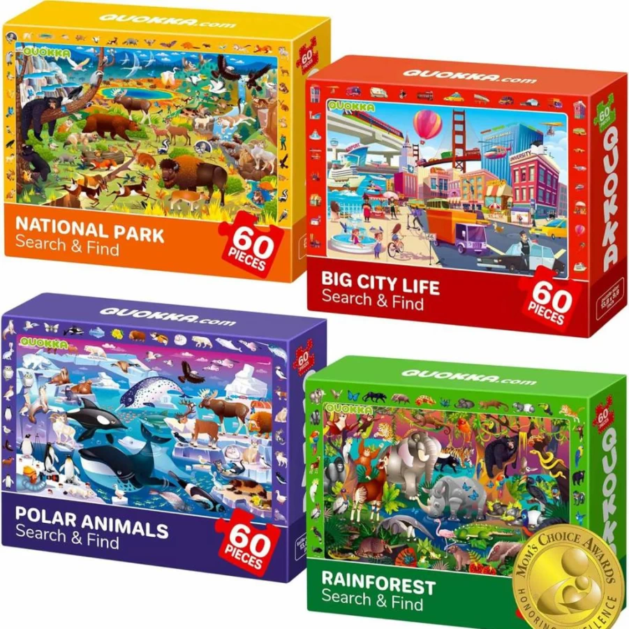 QUOKKA 60-Piece Search & Find Puzzle Set for Kids Ages 4-10 - Educational Animal & City Life Jigsaw Puzzles for Toddlers Learning Forest, Polar and USA National Park Themes