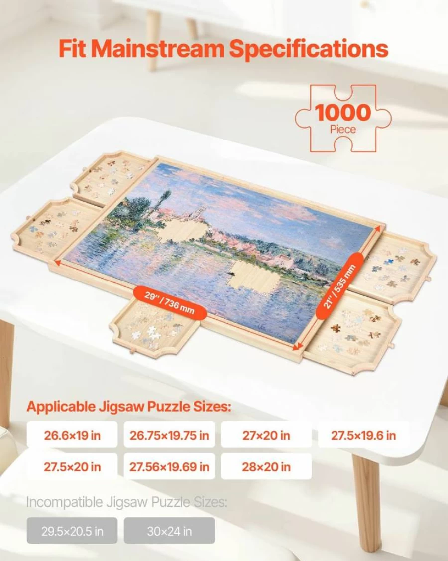 VEVOR 1500-Piece Rotating Puzzle Board with 4 Felt Drawers, 34x25 Inch Adjustable Wooden Table, 2-Tilting Angles, Portable Jigsaw Puzzle Accessory for Adults, Ideal Birthday Gift for Mom