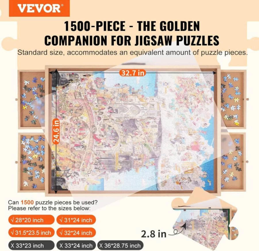 VEVOR 1500-Piece Jigsaw Puzzle Table with Folding Legs, 4 Storage Drawers & Cover, 34x25 Inch Portable Wooden Board, Puzzle Organizer for Adults, Ideal Birthday Gift for Mom & Puzzle Enthusiasts