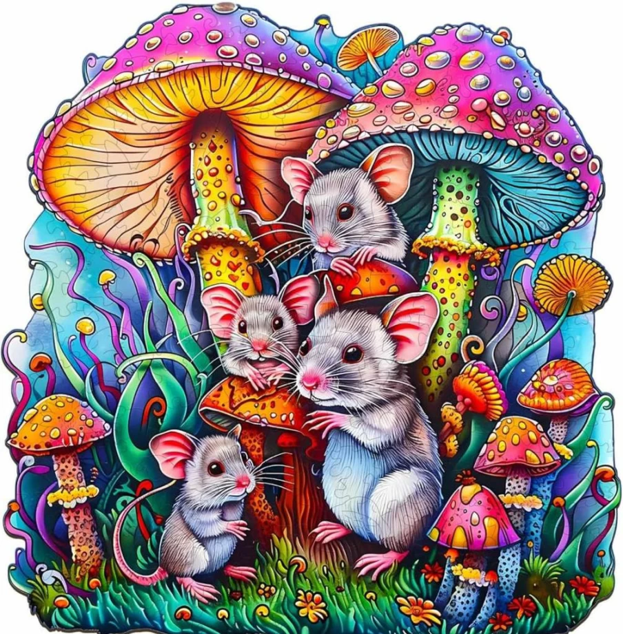 Wudhank Unique Wooden Jigsaw Puzzle for Adults - 100Pcs Mouse Family & Mushroom Shaped Puzzle with Decorative Wooden Box, Creative Gift for Puzzle Lovers (7.9x7.8 Inches)