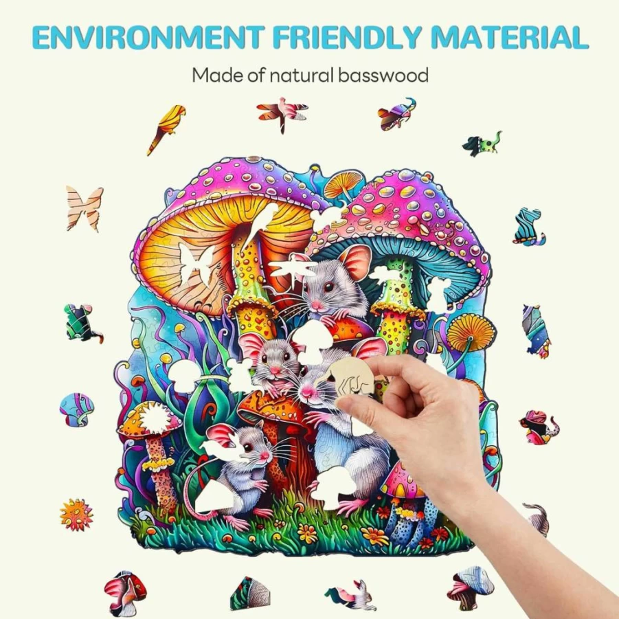 Wudhank Unique Wooden Jigsaw Puzzle for Adults - 100Pcs Mouse Family & Mushroom Shaped Puzzle with Decorative Wooden Box, Creative Gift for Puzzle Lovers (7.9x7.8 Inches)