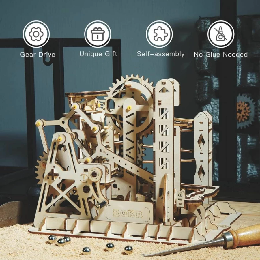 ROKR 3D Wooden Marble Run Puzzle - DIY Mechanical Roller Coaster Building Kit for Adults & Teens, STEM Educational Toy Gift for Boys and Girls (Marble Parkour Track Model)
