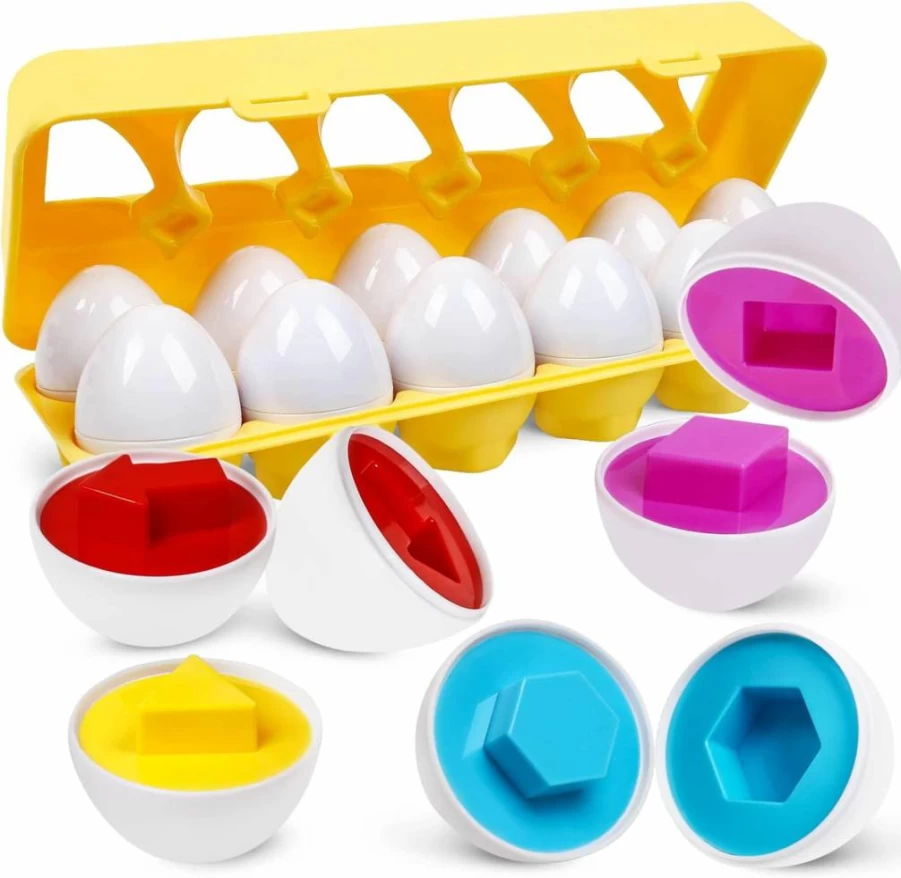 NAODONGLI Montessori Eggs Toy Set - 12 Pcs Color & Shape Matching Puzzle, Preschool Learning Sorting Game, Fine Motor Skills Gift for Toddlers 1 2 3 Years Old Boys Girls