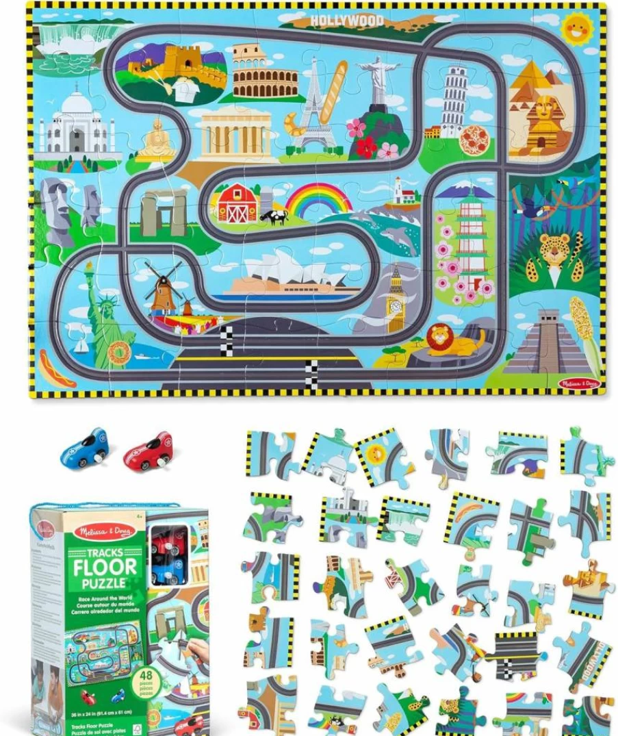 Melissa & Doug World Map Floor Puzzle - 48-Piece Jigsaw with Wind-Up Cars, FSC Certified Educational Toy for Kids Ages 4+