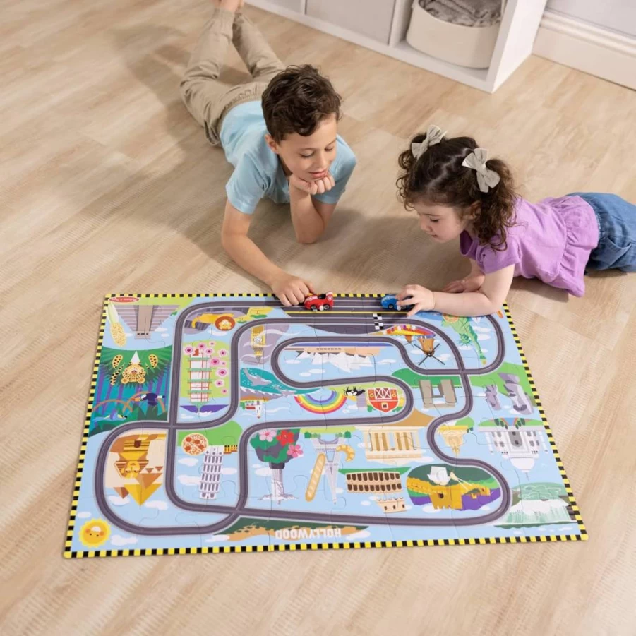 Melissa & Doug World Map Floor Puzzle - 48-Piece Jigsaw with Wind-Up Cars, FSC Certified Educational Toy for Kids Ages 4+
