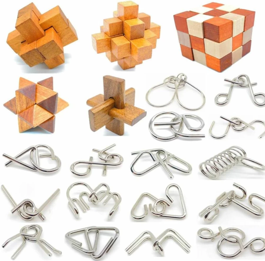 Guaishou 3D Wooden & Metal Brain Teaser Puzzle - 21Pcs Interlocking IQ Test Game for Kids & Adults, Fun Party Favor Challenge