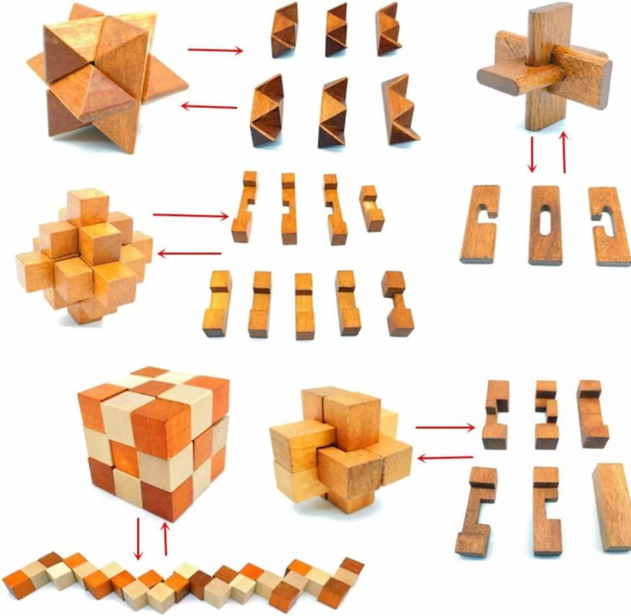 Guaishou 3D Wooden & Metal Brain Teaser Puzzle - 21Pcs Interlocking IQ Test Game for Kids & Adults, Fun Party Favor Challenge