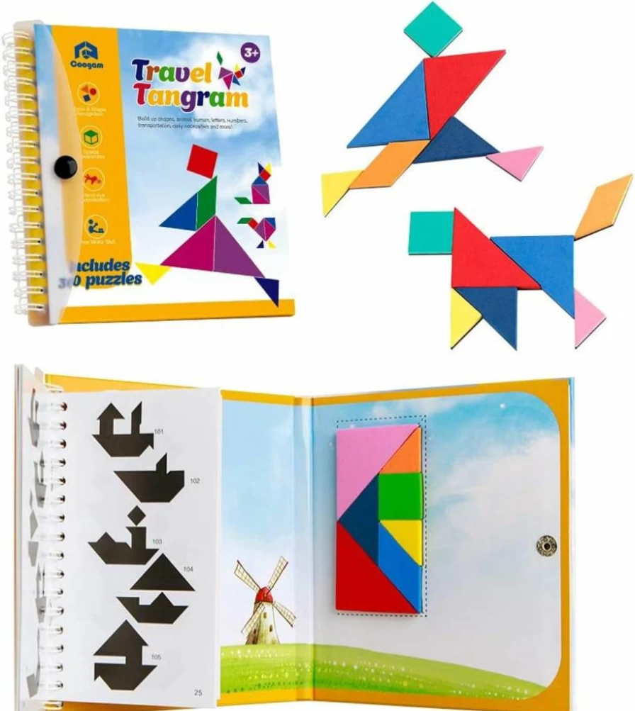 Coogam Magnetic Tangram Puzzle Book - 360 Pattern Blocks STEM Travel Game for Kids & Adults, Educational Brain Teaser IQ Toy with Solutions, Gift for Road Trips & Learning