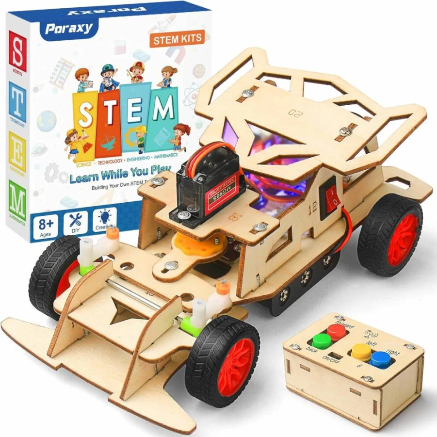 Poraxy STEM Building Toys for Kids Ages 8-14, Remote Control Car Kit with Wooden 3D Puzzles, Science Model Projects, Educational Birthday Gifts for Boys and Girls