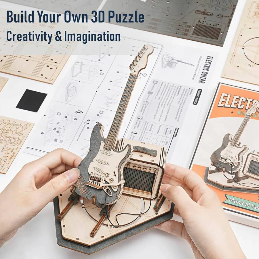 Rowood DIY 3D Wooden Electric Guitar Model Kit - STEM Building Project for Adults & Kids, Creative Desk Toy, Unique Birthday Gift