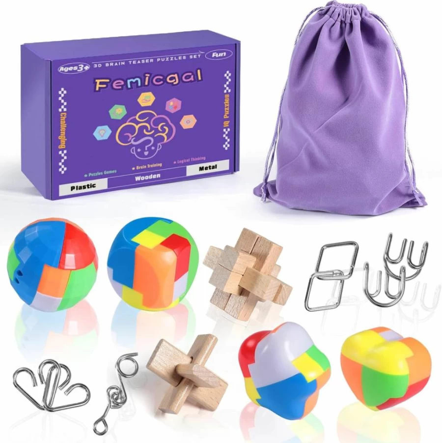 Femicgal 18Pcs 3D Brain Teaser Puzzle Set for Adults & Kids - Wooden, Plastic, Metal IQ Test & Educational Mind Games, Unlock Interlock Puzzles for Brain Training