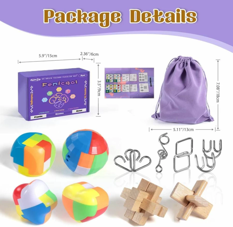 Femicgal 18Pcs 3D Brain Teaser Puzzle Set for Adults & Kids - Wooden, Plastic, Metal IQ Test & Educational Mind Games, Unlock Interlock Puzzles for Brain Training