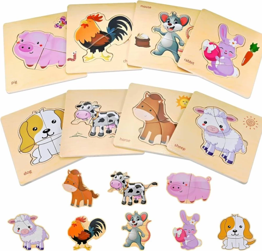 Faburo 8Pcs Wooden Animal Puzzles for Toddlers 1-4 Years, Montessori Learning Toys for Boys & Girls, Educational Jigsaw Puzzle Set for Preschool Kids
