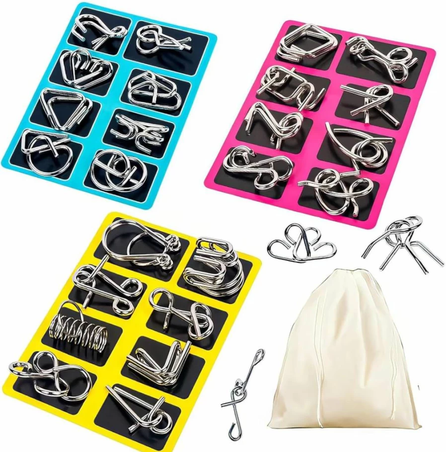 GEKELI 24-Piece Metal Wire Puzzle Set with Pouch - Brain Teaser IQ Test, Interlocking Iron Link Unlock Game, Chinese Ring Magic Trick Toy for Kids & Adults, Party Favor & Challenge