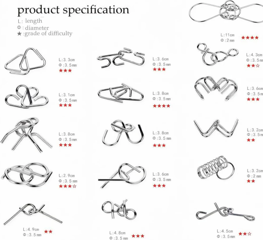 GEKELI 24-Piece Metal Wire Puzzle Set with Pouch - Brain Teaser IQ Test, Interlocking Iron Link Unlock Game, Chinese Ring Magic Trick Toy for Kids & Adults, Party Favor & Challenge