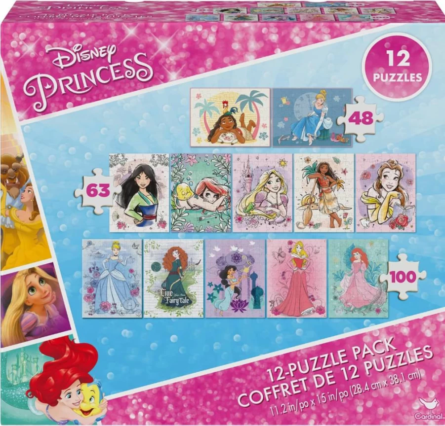 Spin Master Games Disney Princess Puzzle Bundle for Kids Ages 4+ - 12 Pack with Moana, Ariel, Mulan & Cinderella (48, 63, 100 Piece Jigsaw Puzzles)