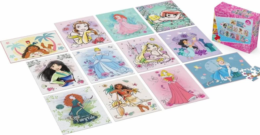 Spin Master Games Disney Princess Puzzle Bundle for Kids Ages 4+ - 12 Pack with Moana, Ariel, Mulan & Cinderella (48, 63, 100 Piece Jigsaw Puzzles)