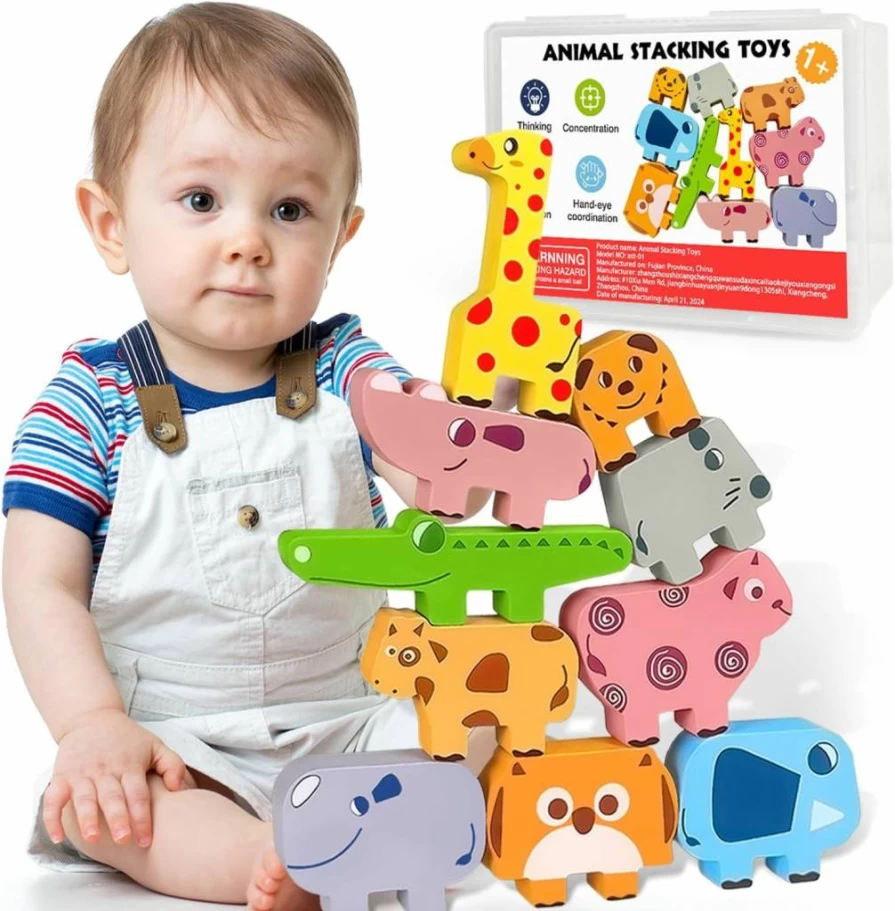 Cowcowcow Montessori Wooden Animal Blocks - 10 Pack Sorting & Stacking Toddler Puzzles, Educational Toys for 1 2 3 4 Year Old Boys Girls, Ideal Birthday Gift for Ages 2-4