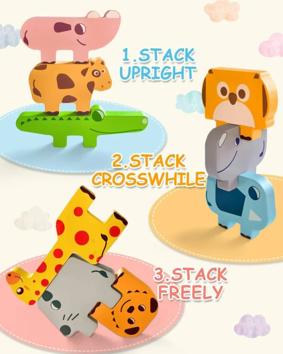 Cowcowcow Montessori Wooden Animal Blocks - 10 Pack Sorting & Stacking Toddler Puzzles, Educational Toys for 1 2 3 4 Year Old Boys Girls, Ideal Birthday Gift for Ages 2-4