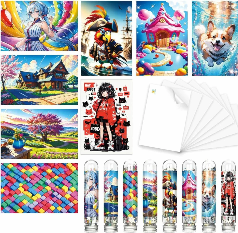 LinPuzzle Mini Jigsaw Puzzles for Adults - 8 Pack Micro Puzzles with Blueprint Reference, Tweezers Included, Perfect Gift for Puzzle Lovers (4 Themes)