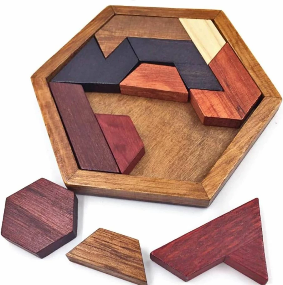 KINGOU Hexagon Tangram Puzzle - Wooden Brain Teaser for Kids & Adults, Family Party Gift, Educational Logic Game for All Ages