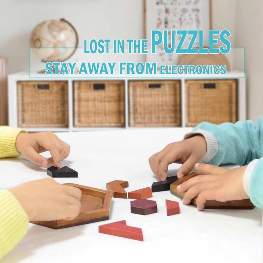 KINGOU Hexagon Tangram Puzzle - Wooden Brain Teaser for Kids & Adults, Family Party Gift, Educational Logic Game for All Ages