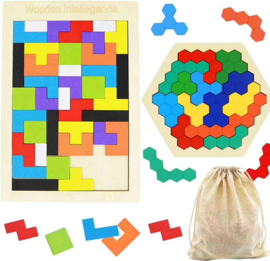 Kiouposy Wooden Puzzle Blocks Set - 2 Pack Russian & Hexagon Brain Teasers for Kids Adults, STEM Educational Logic Games, Creative Learning Toys for All Ages