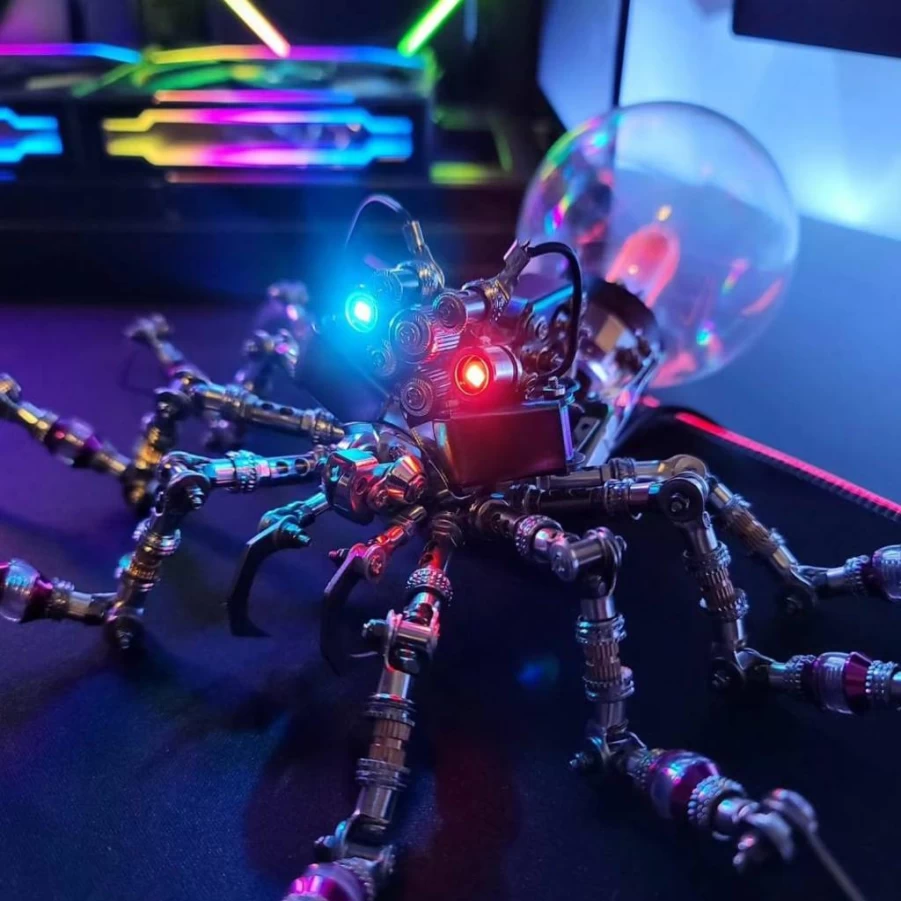 Arcynix Cyberpunk 3D Metal Spider Puzzle Kit - 650-Piece DIY Sci-Fi Model with Color-Changing LED Eyes, Interactive Plasma Ball, Home Decor Gift for Teens & Adults (14+)