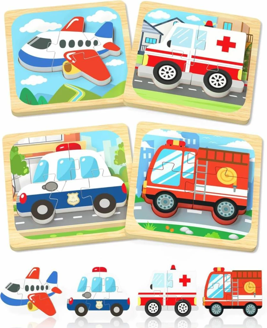 Benresive Montessori Wooden Puzzles for Toddlers 1-3 Years - 8-Pack Vehicle Educational Toys, Learning Games for Boys & Girls, Ideal Birthday Gift for 1 2 3 Year Olds