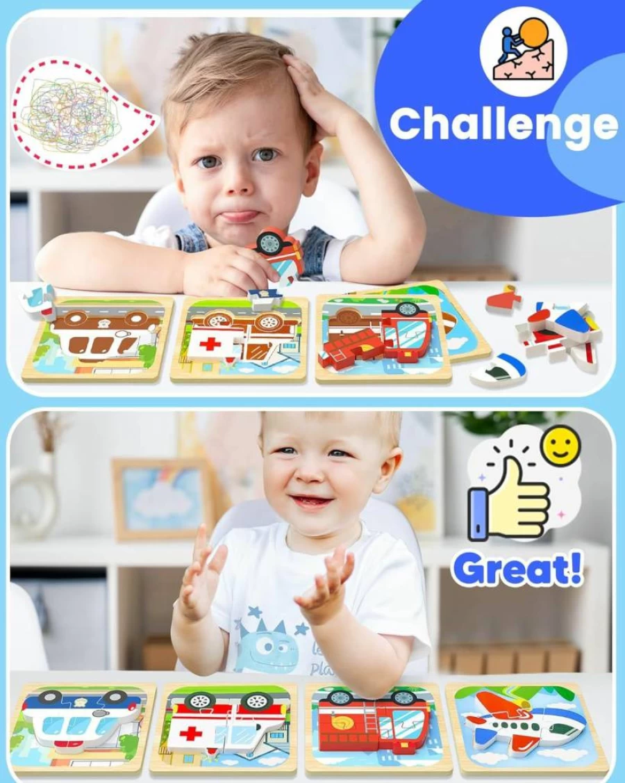 Benresive Montessori Wooden Puzzles for Toddlers 1-3 Years - 8-Pack Vehicle Educational Toys, Learning Games for Boys & Girls, Ideal Birthday Gift for 1 2 3 Year Olds