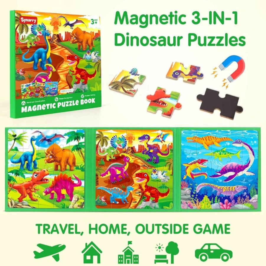 SYNARRY Magnetic Dinosaur Puzzle for Kids Ages 3-6, 20-Piece Travel Toys for Toddlers, Educational Magnet Games for Boys & Girls, Ideal Gift for Airplane & Road Trip Activities
