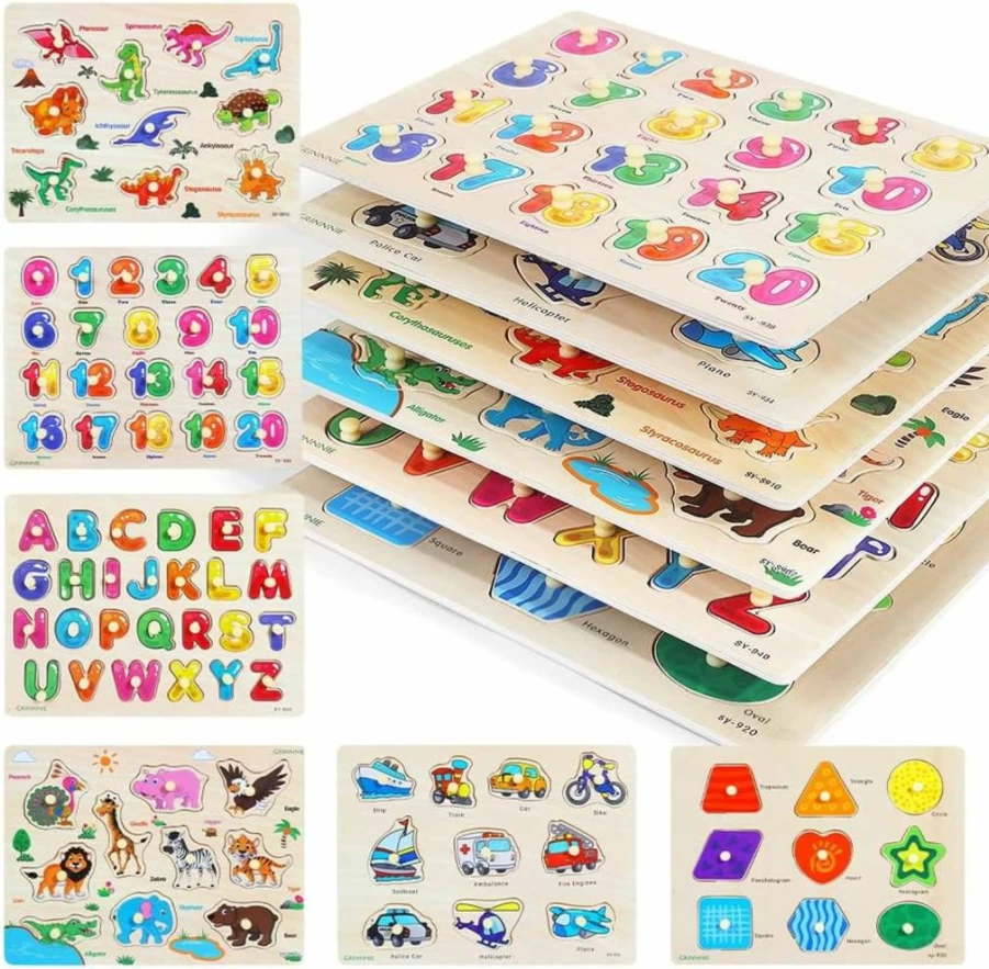 GR GRINNNIE Wooden Peg Puzzles for Toddlers - 6-Pack Alphabet, Number, Shape, Animal, Dinosaur & Vehicle Learning Toys for Kids Ages 3 4 5, Preschool Educational Puzzles for Boys and Girls