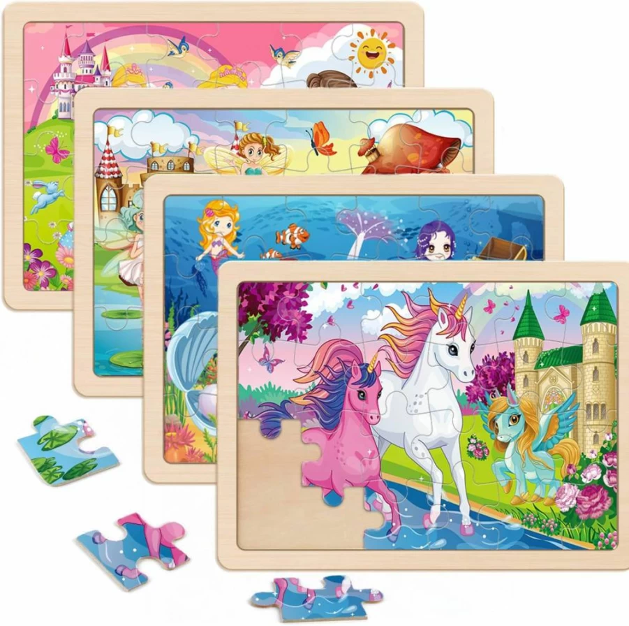 VOMYOZB 4-in-1 Wooden Jigsaw Puzzles Set for Kids Ages 3-6 - 24PC Unicorn, Mermaid, Princess & Fairy Puzzles for Girls - Educational Brain Teaser Toys for Preschool Learning