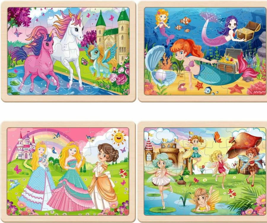 VOMYOZB 4-in-1 Wooden Jigsaw Puzzles Set for Kids Ages 3-6 - 24PC Unicorn, Mermaid, Princess & Fairy Puzzles for Girls - Educational Brain Teaser Toys for Preschool Learning