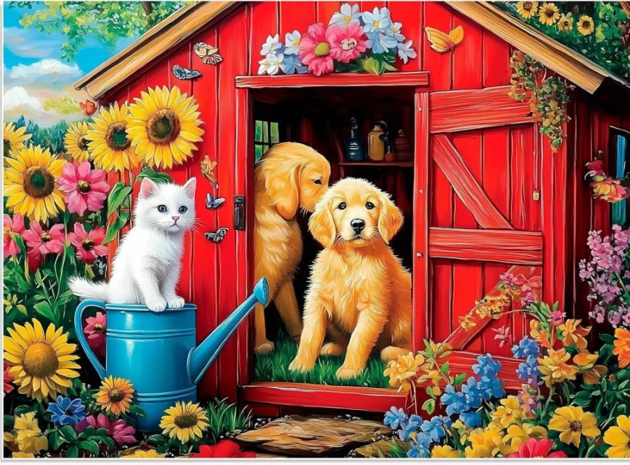 BraniacBits 300 Piece Jigsaw Puzzle for Adults & Kids - Challenging Dog Cat Flower Design, Recycled Cardboard Family Puzzle, 20.5x15 Inch Educational Toy Gift for Seniors Friends Birthday Party
