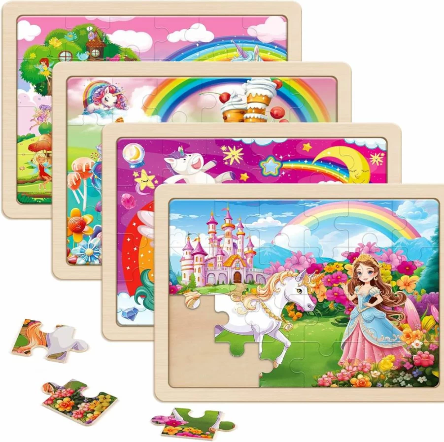 SYNARRY 24-Piece Unicorn Wooden Puzzle for Kids Ages 3-6, FSC Certified Princess Fairy Toddler Toys, 12.2x9.4 Inch Gift Box for 3 4 5 Year Old Girls