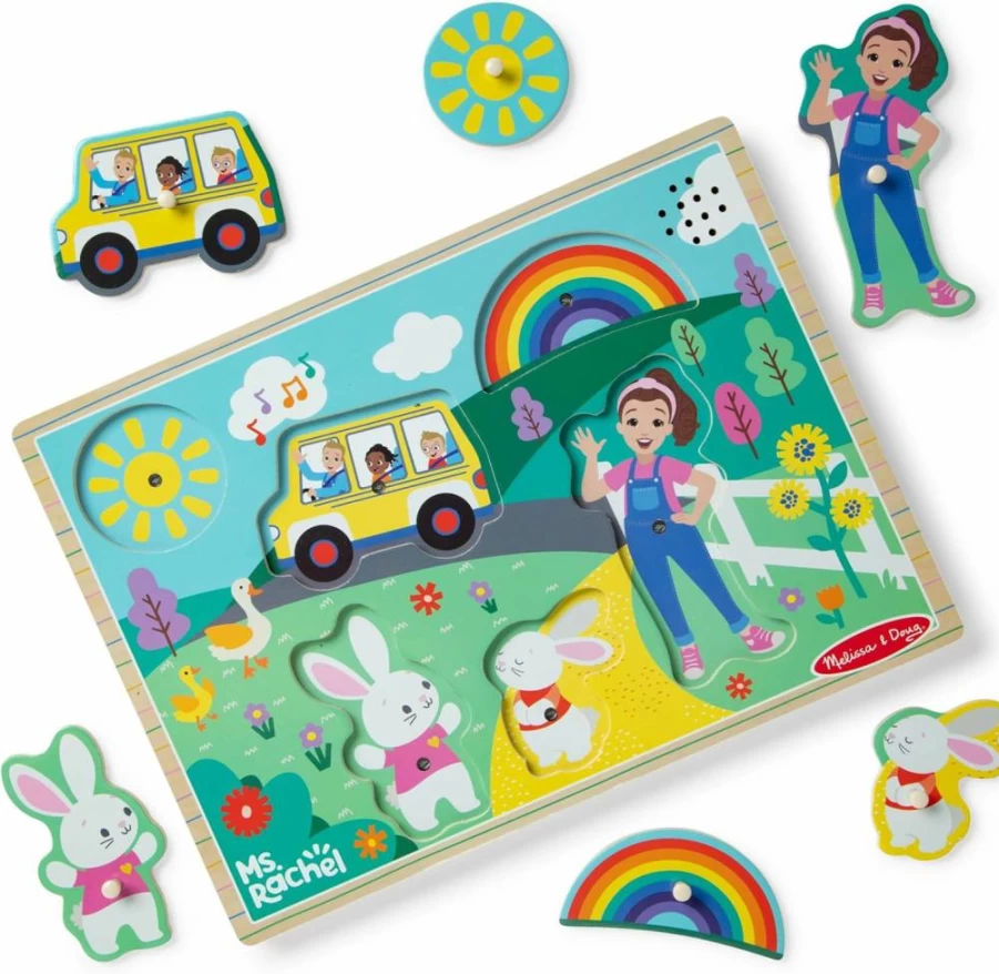 Melissa & Doug Wooden Peg Puzzle with Light Activation - 6-Piece Musical Toddler Toy for Ages 2-5, FSC Certified, Ms. Rachel Inspired Songs for Boys & Girls