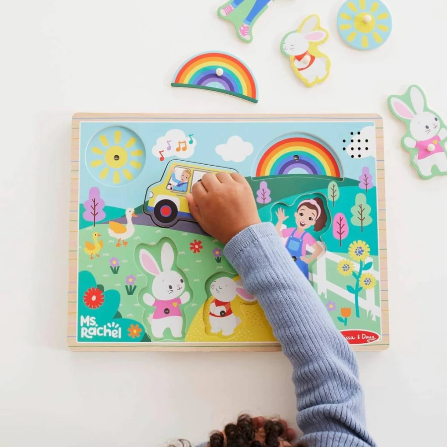 Melissa & Doug Wooden Peg Puzzle with Light Activation - 6-Piece Musical Toddler Toy for Ages 2-5, FSC Certified, Ms. Rachel Inspired Songs for Boys & Girls