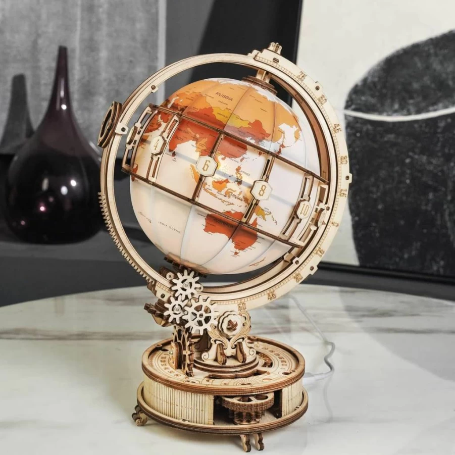 ROKR 3D Wooden Puzzle Illuminated Globe with LED - 180Pcs DIY Model Kit for Adults & Teens, Creative Home Decor Gift