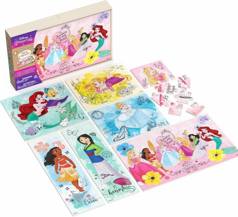 Spin Master Disney Princess 7-Pack Jigsaw Puzzle Set for Kids (12,16,24 Pieces) - Ariel, Tiana, Rapunzel, Pocahontas with Storage Tray - Ages 4+
