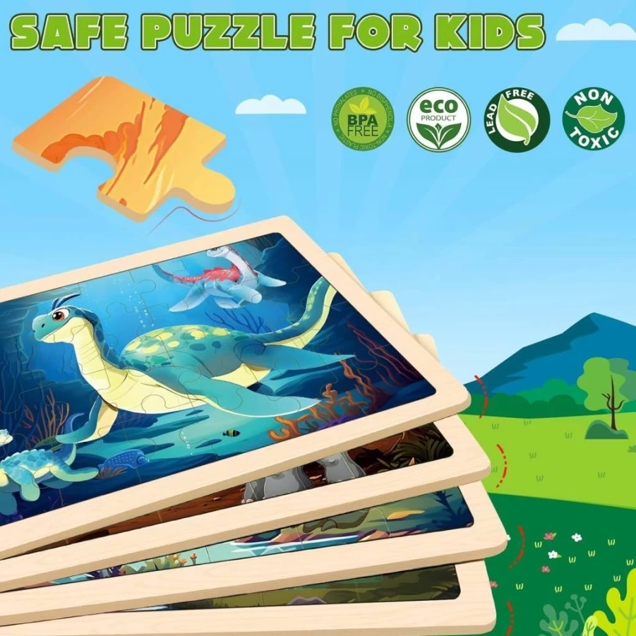 LACCHOUFEE Wooden Animal Puzzles for Toddlers Ages 3-5 - 4 Pack Montessori Jigsaw Toys for Boys Girls, Preschool Learning Educational Travel Gifts, 24 Piece Wooden Puzzle Set for Kids Birthday & Autism