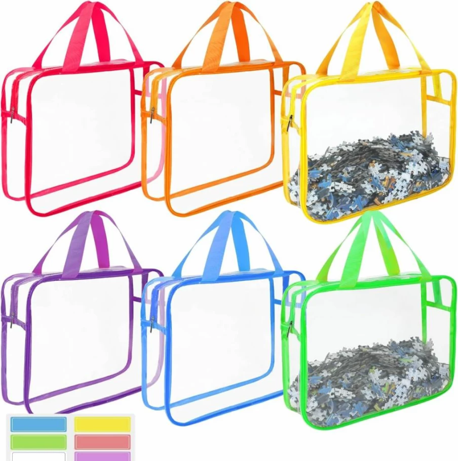 JUNJIAHAOZHU 6Pcs Clear Zipper Toy Storage Bags for Building Blocks, Puzzles - Dust-Proof, Waterproof, 6 Colors with Labels, Travel Organizer