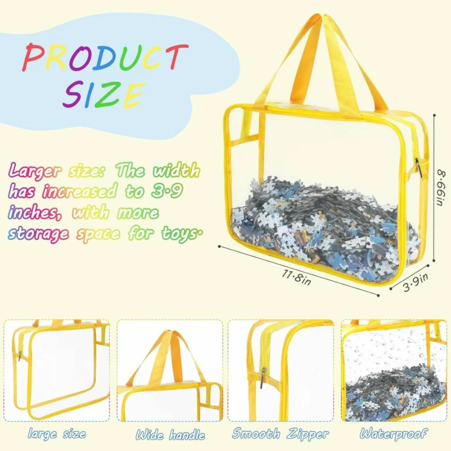 JUNJIAHAOZHU 6Pcs Clear Zipper Toy Storage Bags for Building Blocks, Puzzles - Dust-Proof, Waterproof, 6 Colors with Labels, Travel Organizer