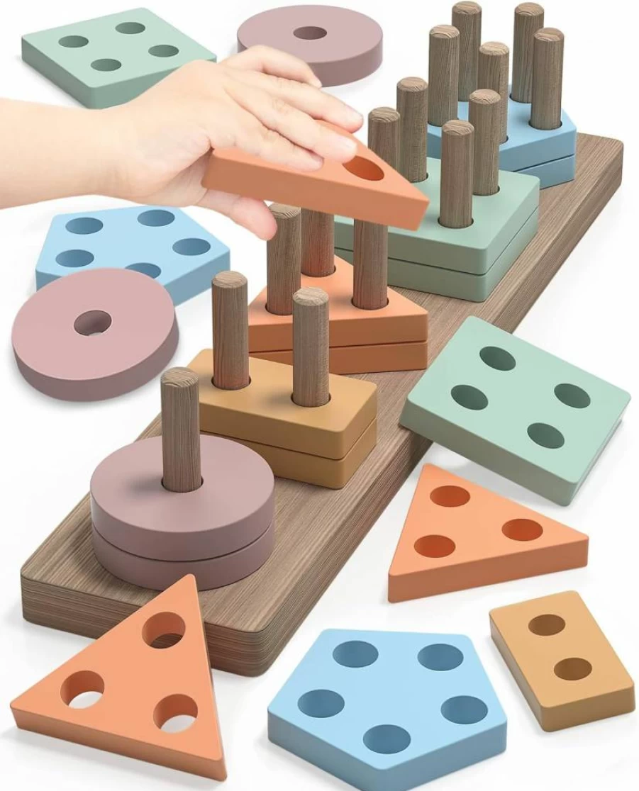 Kecristv Montessori Wooden Shape Sorter Toy - Educational Stacking Puzzles for Toddlers Ages 1-3, Best Learning Gift for 1-2 Year Old Boys & Girls