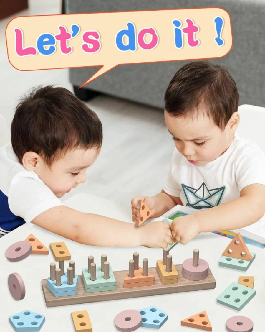Kecristv Montessori Wooden Shape Sorter Toy - Educational Stacking Puzzles for Toddlers Ages 1-3, Best Learning Gift for 1-2 Year Old Boys & Girls