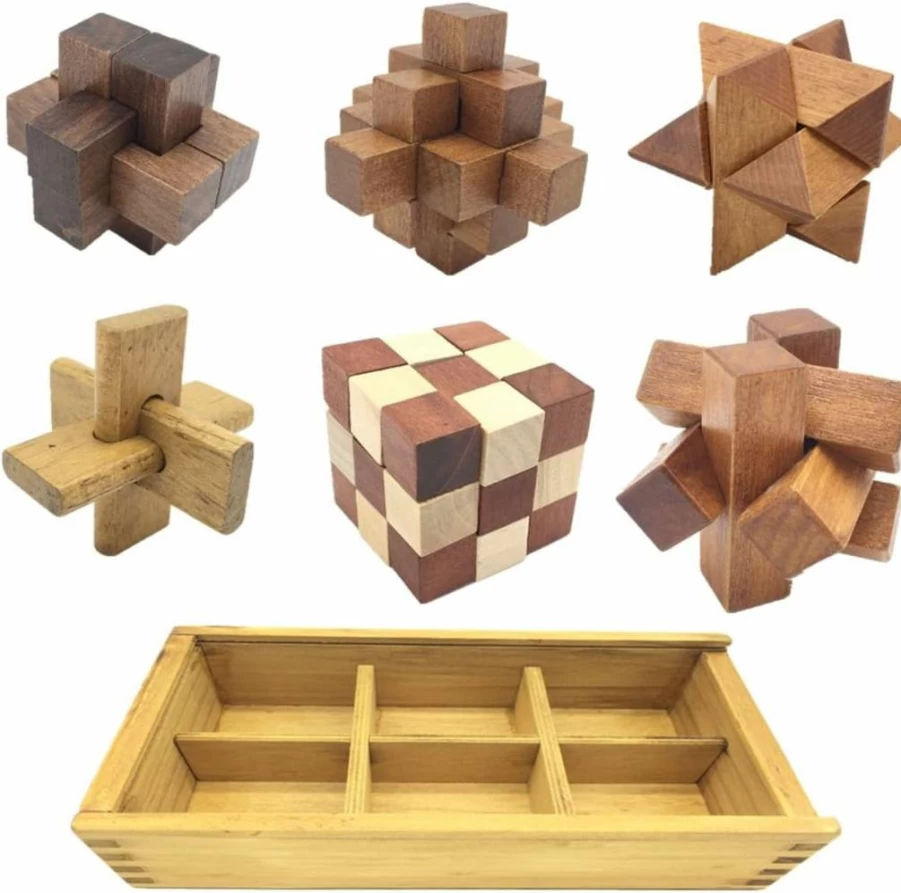 Guaishou 3D Wooden Brain Teaser Puzzle - 6-in-1 Kongming Lock Set with Storage Box for Adults & Teens