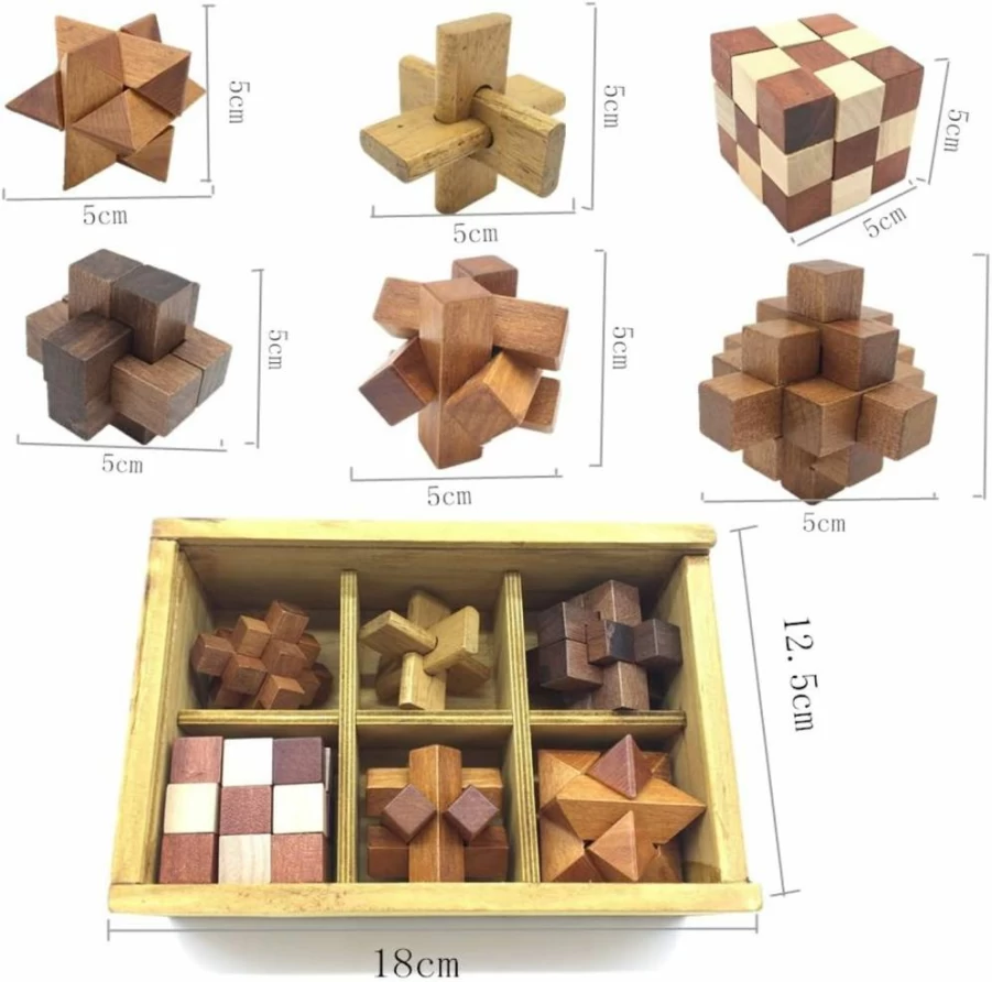 Guaishou 3D Wooden Brain Teaser Puzzle - 6-in-1 Kongming Lock Set with Storage Box for Adults & Teens